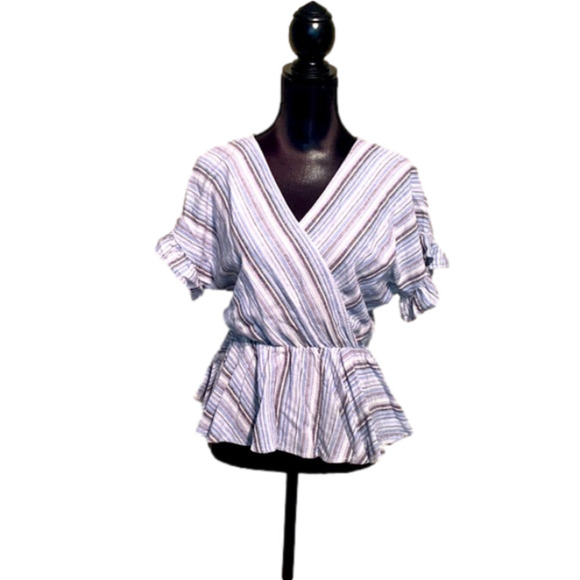 FRANCESCA’S mi ami Faux Wrap Striped Peplum Ruffle Sleeve Linen Beach Top - Picture 1 of 7